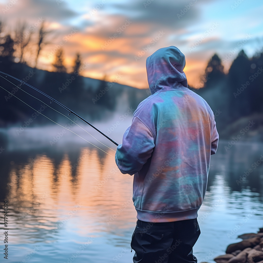 a man fishing on a river while wearing a hoodie,
fishing man,fishing by the lake a man fishing on a river while wearing a hoodie,
fishing man,fishing by the lake