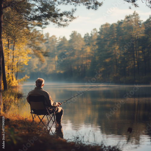 an early morning fishing scene in a breathtaking natural setting. A person sits on the lakeshore, facing a calm lake that reflects the golden light of sunrise, fishing man,fishing by the lake