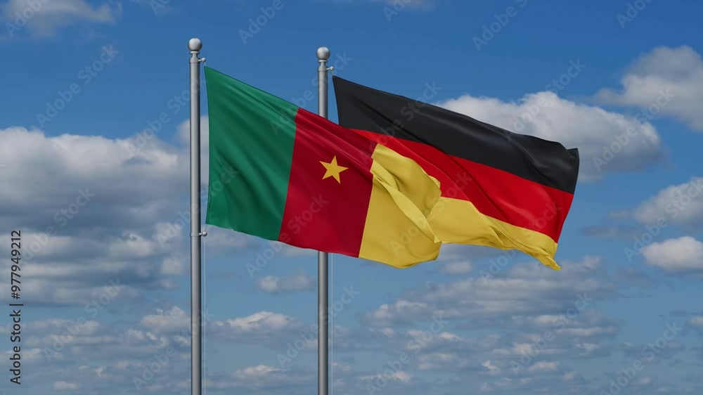 Germany and Cameroon flags flying together, video concept of the relationship, two country relations concept Germany and Cameroon flags flying together, video concept of the relationship, two country relations concept