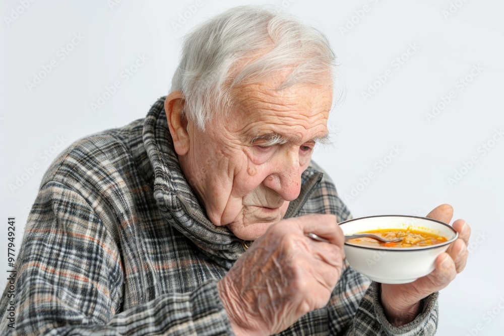 Older adult sitting with a warm bowl of soup, possibly comforting and nourishing himself Older adult sitting with a warm bowl of soup, possibly comforting and nourishing himself