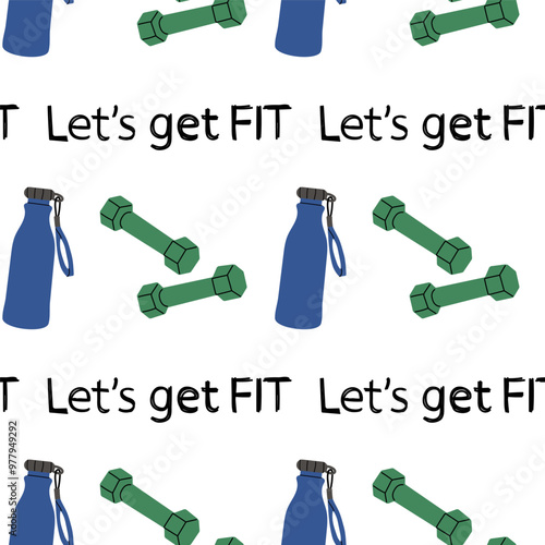 Bright fitness pattern featuring dumbbells and water bottles, ideal for workout enthusiasts