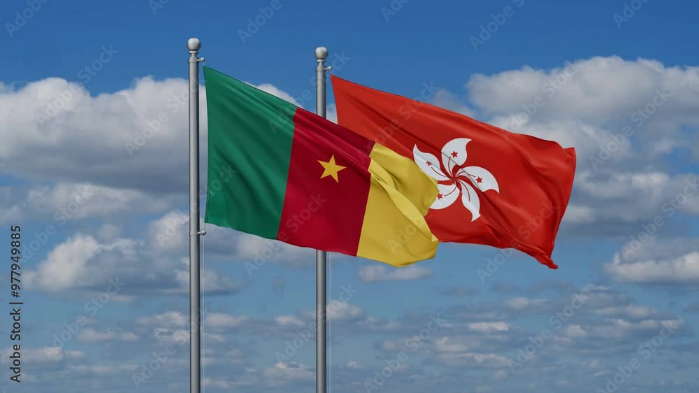 Hong Kong and Cameroon flags flying together, video concept of the relationship, two country relations concept Hong Kong and Cameroon flags flying together, video concept of the relationship, two country relations concept