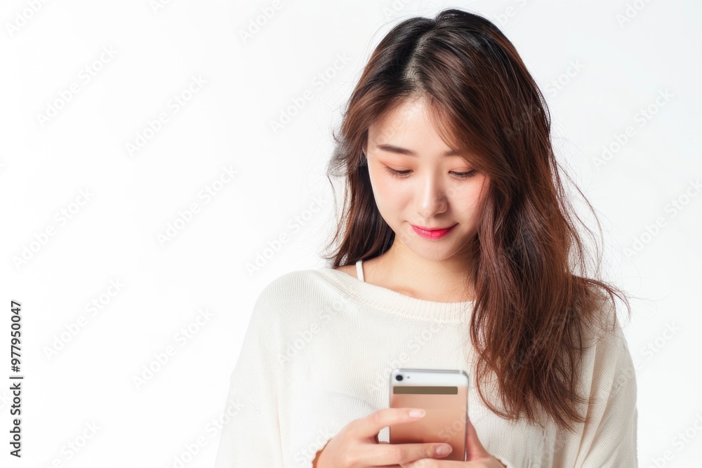 A woman looks down at her cell phone in a moment of distraction A woman looks down at her cell phone in a moment of distraction