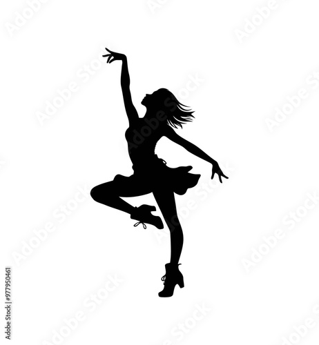 girl dancing with arms up isolated, vector silhouette illustration for logo
