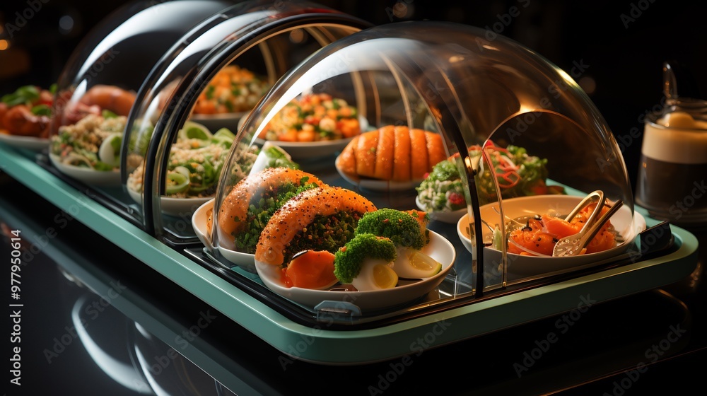 Futuristic food service featuring timely delivery through temperaturecontrolled pods keep each dish at its ideal temperature ensuring a perfect dining experience at home Futuristic food service featuring timely delivery through temperaturecontrolled pods keep each dish at its ideal temperature ensuring a perfect dining experience at home