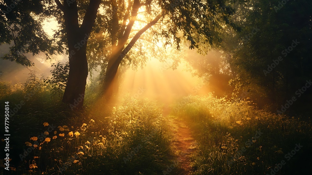 Sunbeams through Trees in Forest with Path Leading into the Mist Sunbeams through Trees in Forest with Path Leading into the Mist