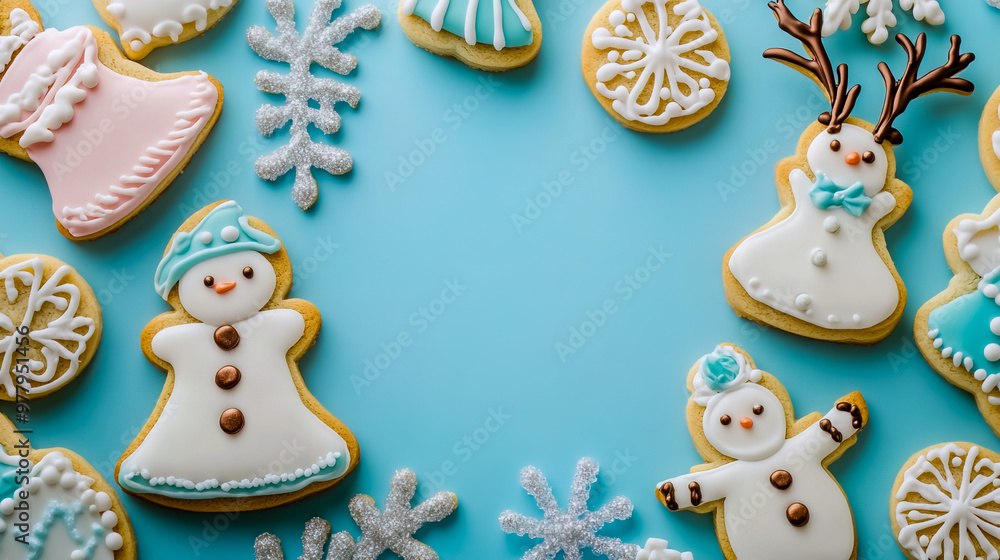 Christmas cookies arranged on a blue background, with an empty space in the center for text. Christmas cookies arranged on a blue background, with an empty space in the center for text.