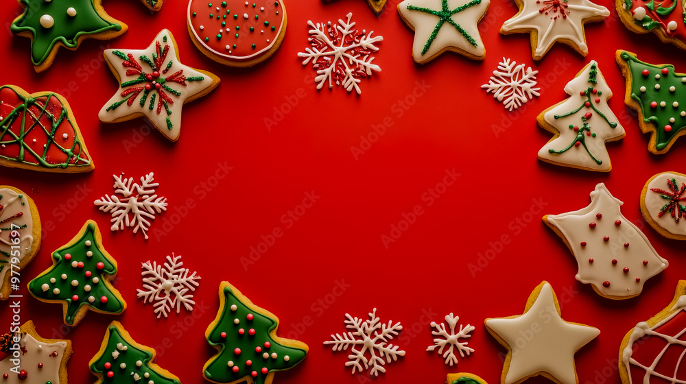 Christmas cookies in various classic shapes (stars, trees, and snowflakes) arranged on a red background, with an empty space in the center for text. Christmas cookies in various classic shapes (stars, trees, and snowflakes) arranged on a red background, with an empty space in the center for text.