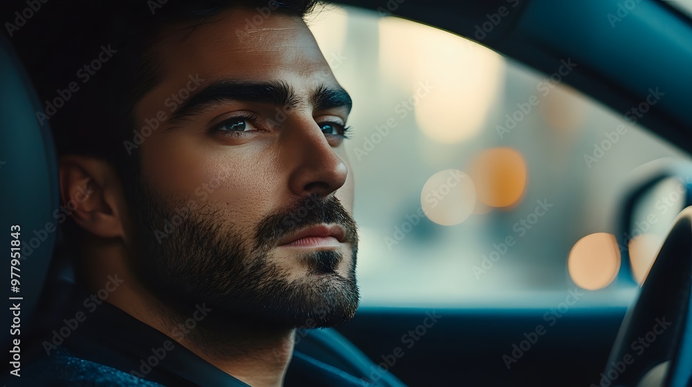 A Close-Up Portrait of a Bearded Man Looking Out a Car Window A Close-Up Portrait of a Bearded Man Looking Out a Car Window