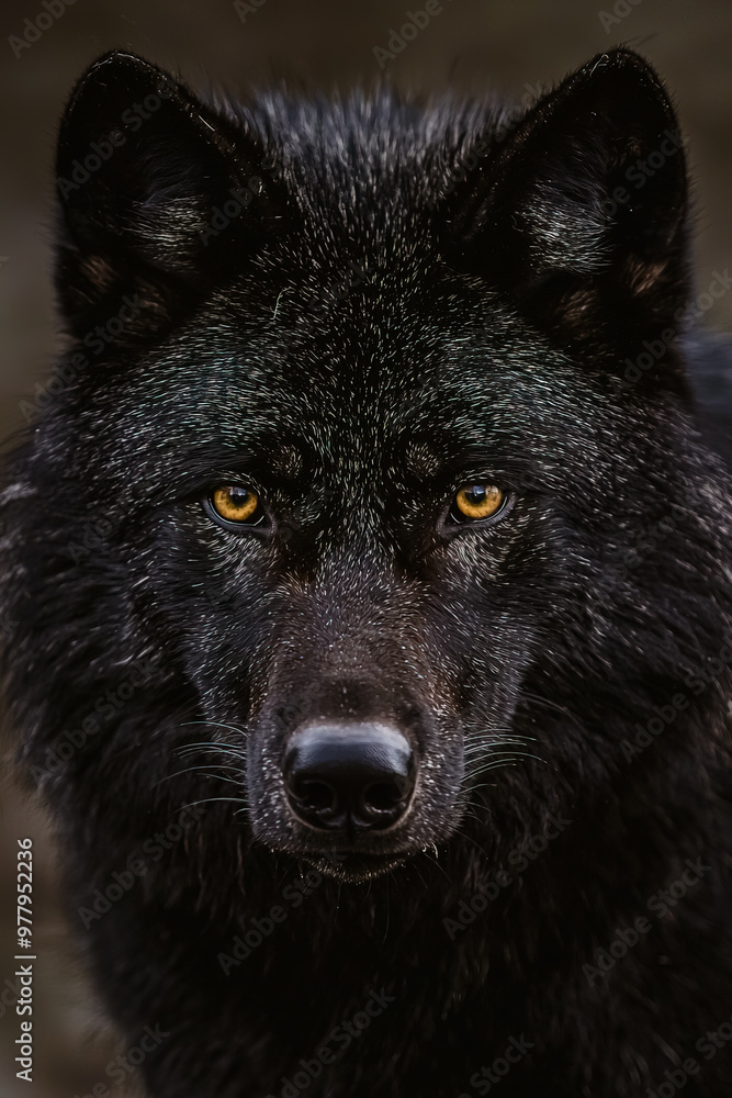 Close-up portrait of a black wolf with detailed facial features. Close-up portrait of a black wolf with detailed facial features.