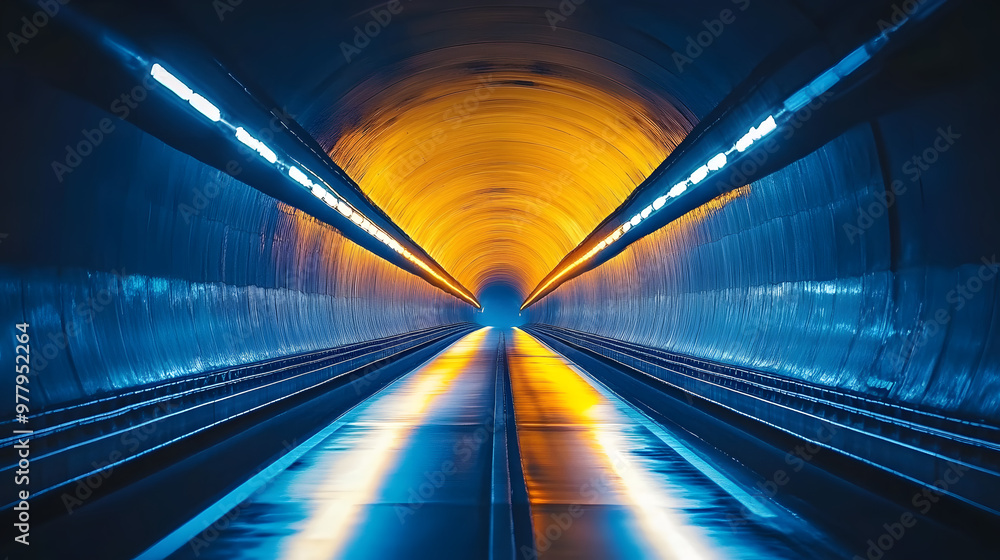 A tunnel with a bright yellow light shining from both ends illuminates a long, dark tunnel A tunnel with a bright yellow light shining from both ends illuminates a long, dark tunnel
