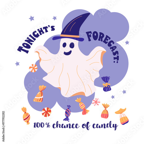 Card, poster party, banner or tshirt print with Tonight forecast 100 chance of candy lettering quote , rain with various candies. Vector illustration. Isolated objects background. Hand drawn flat styl