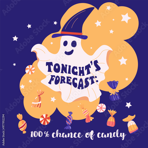Card, poster party, banner or tshirt print with Tonight forecast 100 chance of candy lettering quote , rain with various candies. Vector illustration. Isolated objects background. Hand drawn flat styl