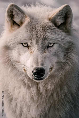 Close-up portrait of a white wolf with detailed facial features.