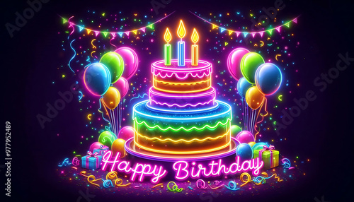 A neon cake illustration glowing with vibrant electric colors, birthday card	