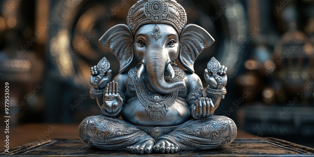 Detailed silver Ganesh idol with intricate craftsmanship on gray background Detailed silver Ganesh idol with intricate craftsmanship on gray background