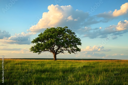 Single Tree on a Green Grass Field with Blue Sky and Clouds