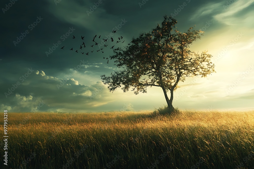 Lonely Tree Silhouette in Golden Field at Sunset with Birds Flying Away Lonely Tree Silhouette in Golden Field at Sunset with Birds Flying Away