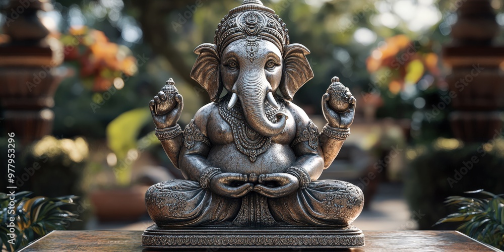 Detailed silver Ganesh idol with intricate craftsmanship on gray background Detailed silver Ganesh idol with intricate craftsmanship on gray background