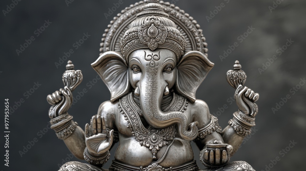 Detailed silver Ganesh idol with intricate craftsmanship on gray background Detailed silver Ganesh idol with intricate craftsmanship on gray background