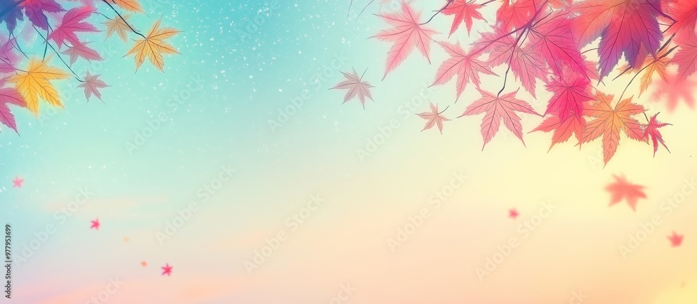 A dreamy illustration of colorful autumn leaves falling against a soft pastel sky with twinkling stars. A gentle and magical scene perfect for fall-themed designs A dreamy illustration of colorful autumn leaves falling against a soft pastel sky with twinkling stars. A gentle and magical scene perfect for fall-themed designs