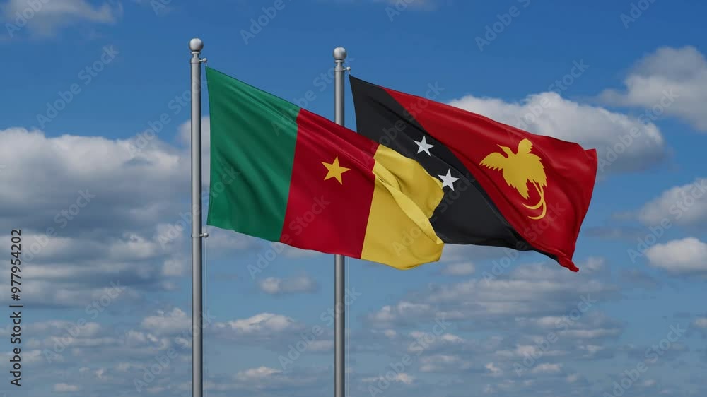 Papua New Guinea and Cameroon flags flying together, video concept of the relationship, two country relations concept Papua New Guinea and Cameroon flags flying together, video concept of the relationship, two country relations concept