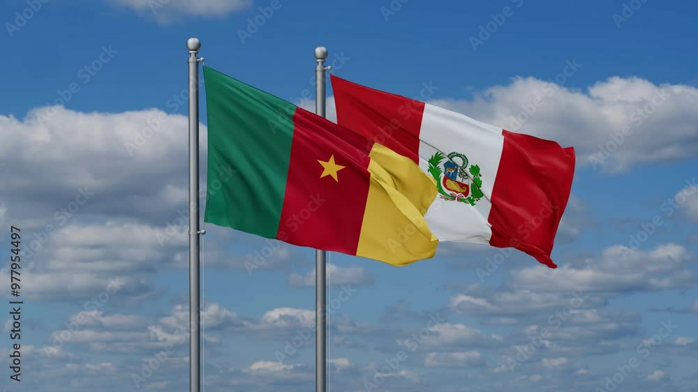 Peru and Cameroon flags flying together, video concept of the relationship, two country cooperation concept Peru and Cameroon flags flying together, video concept of the relationship, two country cooperation concept