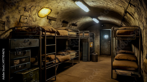 Interior of a bomb shelter, featuring a rugged and utilitarian design. photo