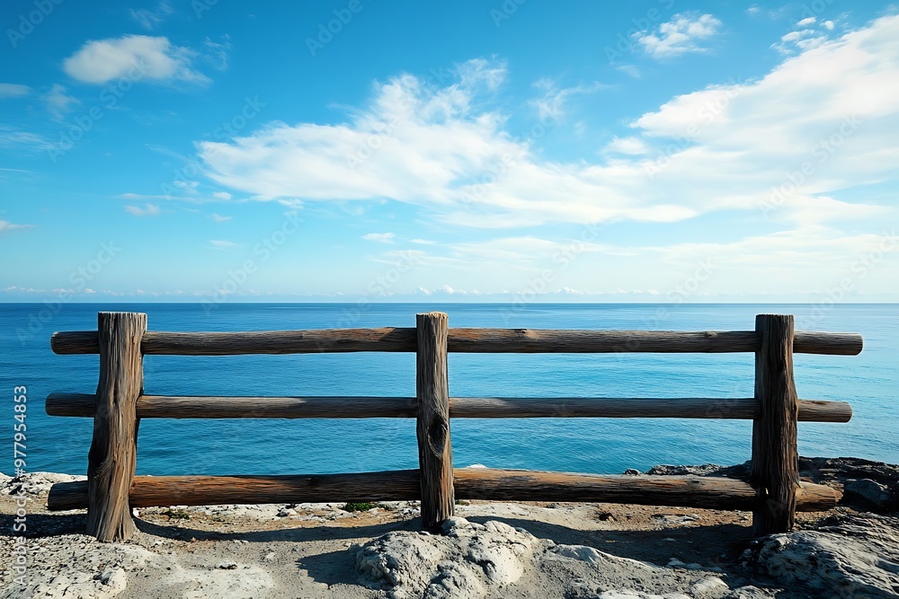 Wooden fence overlooking the ocean, blue sky with white clouds, tranquil seascape photo Wooden fence overlooking the ocean, blue sky with white clouds, tranquil seascape photo