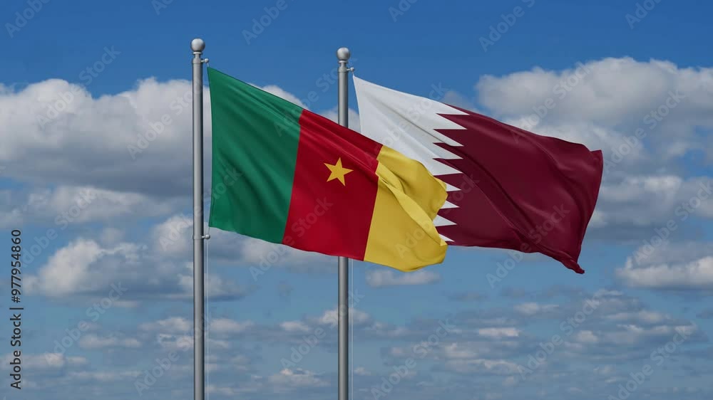 Qatar and Cameroon flags flying together, video concept of the relationship, two country cooperation concept Qatar and Cameroon flags flying together, video concept of the relationship, two country cooperation concept