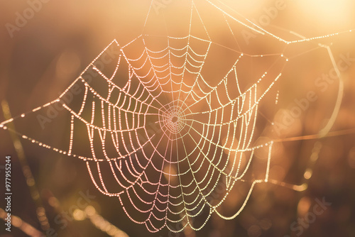 A macro shot of a dew-covered spider web in the morning in an ultra-realistic style