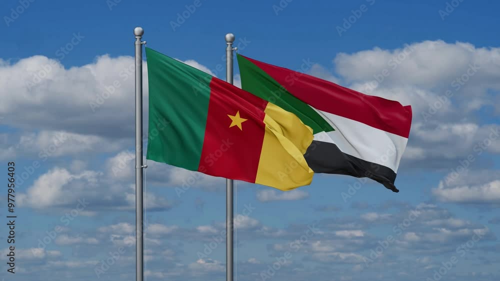 Sudan and Cameroon flags flying together, video concept of the relationship, two country cooperation concept Sudan and Cameroon flags flying together, video concept of the relationship, two country cooperation concept