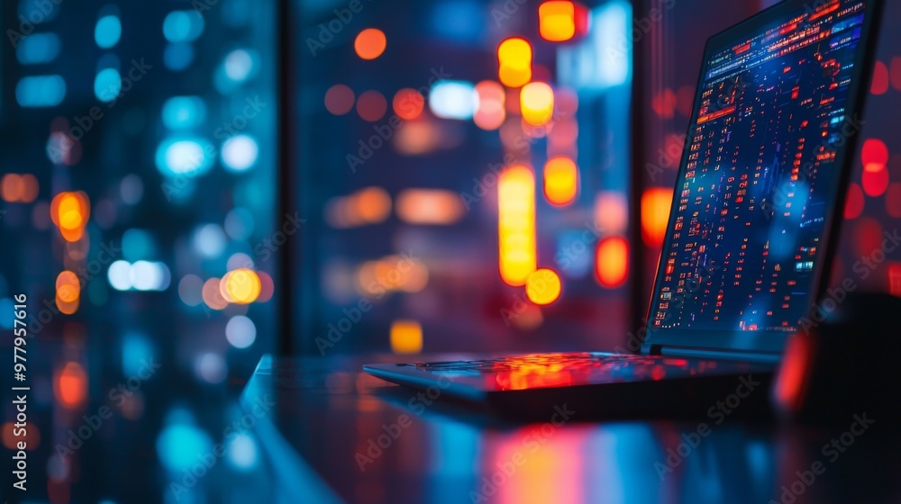 Modern office with glowing laptop screen and blurred city lights Modern office with glowing laptop screen and blurred city lights