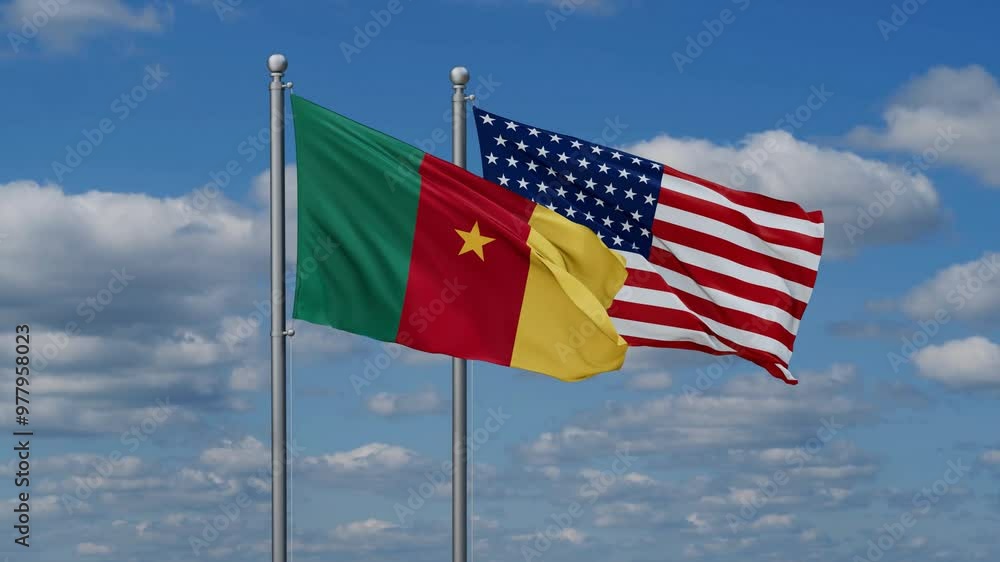 USA and Cameroon flags flying together, video concept of the relationship, two country cooperation concept USA and Cameroon flags flying together, video concept of the relationship, two country cooperation concept