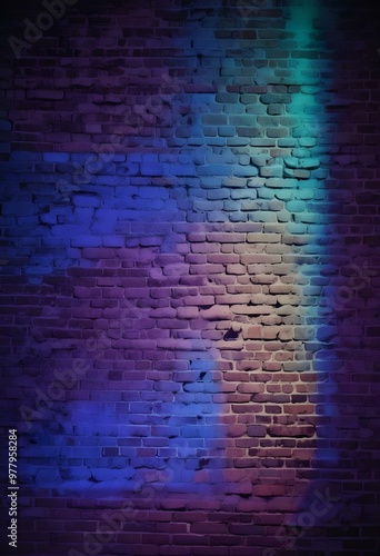 Wallpaper Mural surreal and dreamlike, An industrial-style brick wall featuring intense green and purple lighting, with contrasting dark corners, creating depth and a sense of intrigue in the background., saturated,  Torontodigital.ca