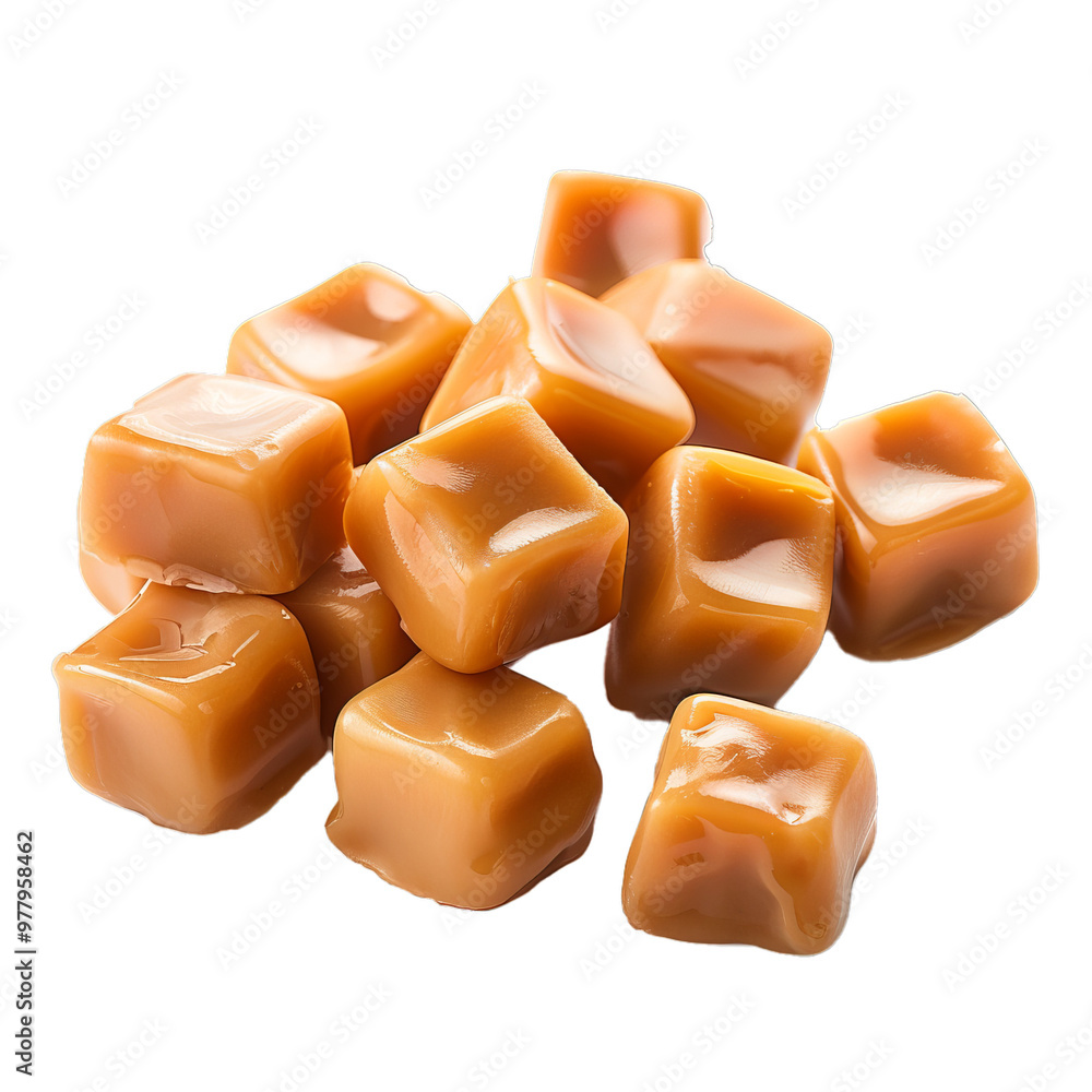Caramel candies with filling forming a pile on white background Caramel candies with filling forming a pile on white background