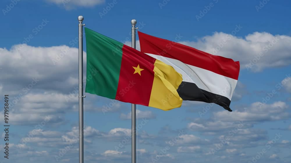 Yemen and Cameroon flags flying together, video concept of the relationship, two country cooperation concept Yemen and Cameroon flags flying together, video concept of the relationship, two country cooperation concept