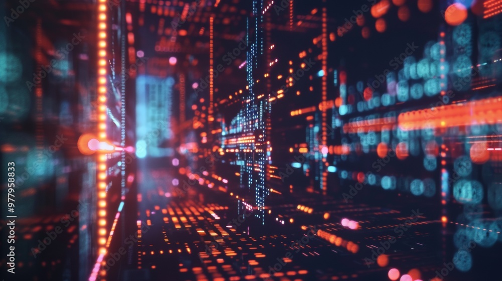 Close-up digital network with glowing data points in a futuristic grid Close-up digital network with glowing data points in a futuristic grid