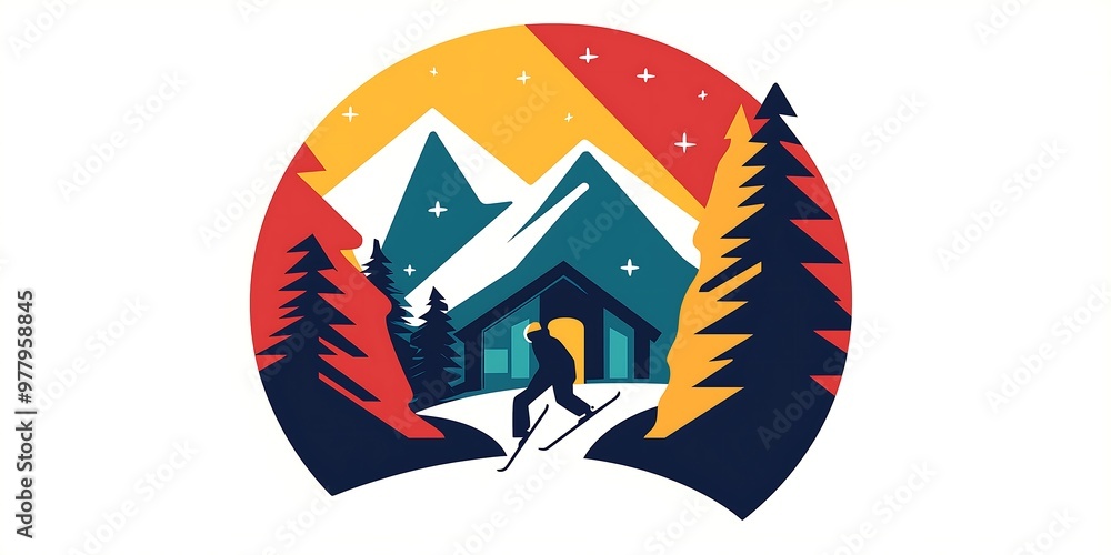Minimalist skier near cabin with snowy mountains in background Minimalist skier near cabin with snowy mountains in background