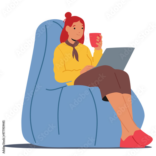 Woman Sits Comfortably On A Chair Holding A Coffee Mug While Working On A Laptop. The Scene Evokes Relaxation