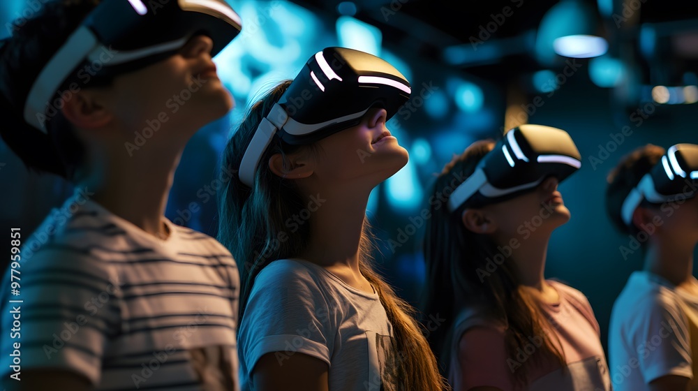 Four Young People Wearing Virtual Reality Headsets Four Young People Wearing Virtual Reality Headsets