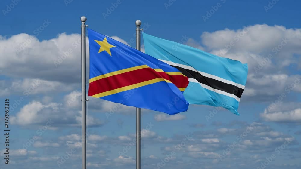 Botswana and Democratic Republic of the Congo flags flying together, video concept of the relationship, two country relations concept Botswana and Democratic Republic of the Congo flags flying together, video concept of the relationship, two country relations concept