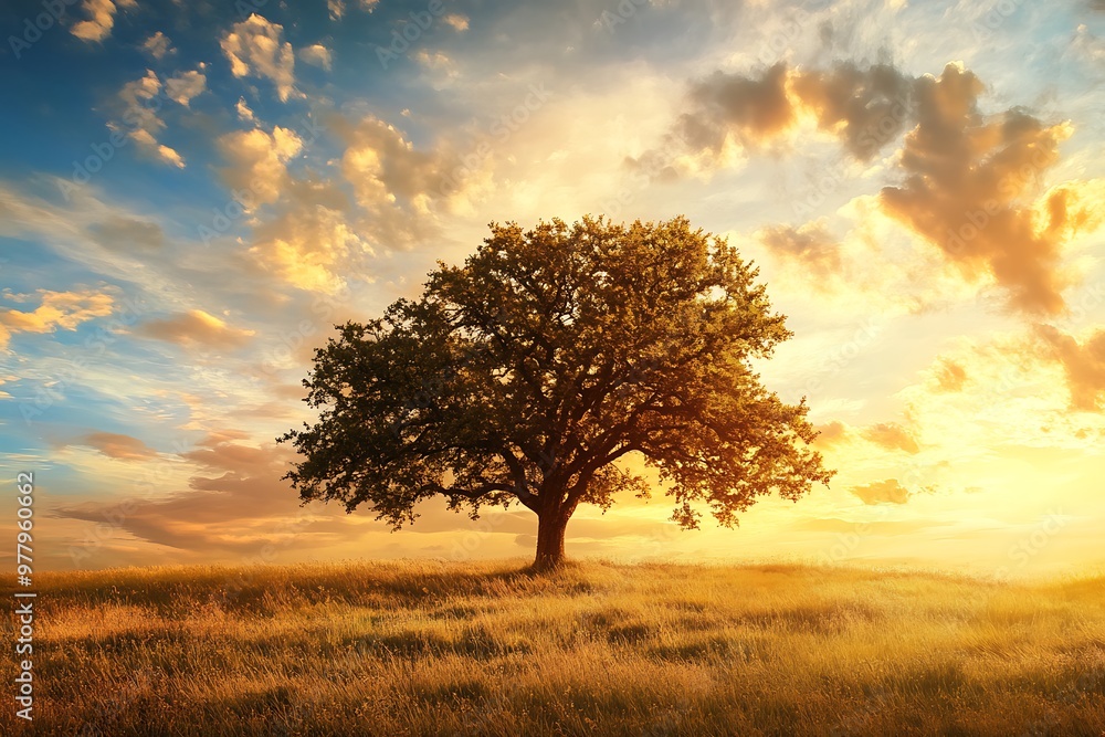 Lone tree silhouette against a stunning sunset with clouds, nature, landscape photo Lone tree silhouette against a stunning sunset with clouds, nature, landscape photo