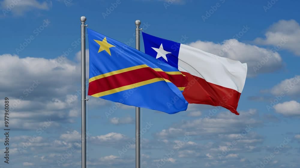 Chile and Democratic Republic of the Congo flags flying together, video concept of the relationship, two country relations concept Chile and Democratic Republic of the Congo flags flying together, video concept of the relationship, two country relations concept