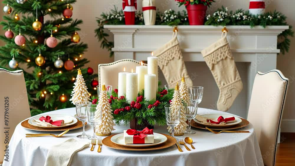 Festive Christmas dining room scene with Christmas table setting, candles, pine branches and Winter Ornaments. Festive Christmas dining room scene with Christmas table setting, candles, pine branches and Winter Ornaments.
