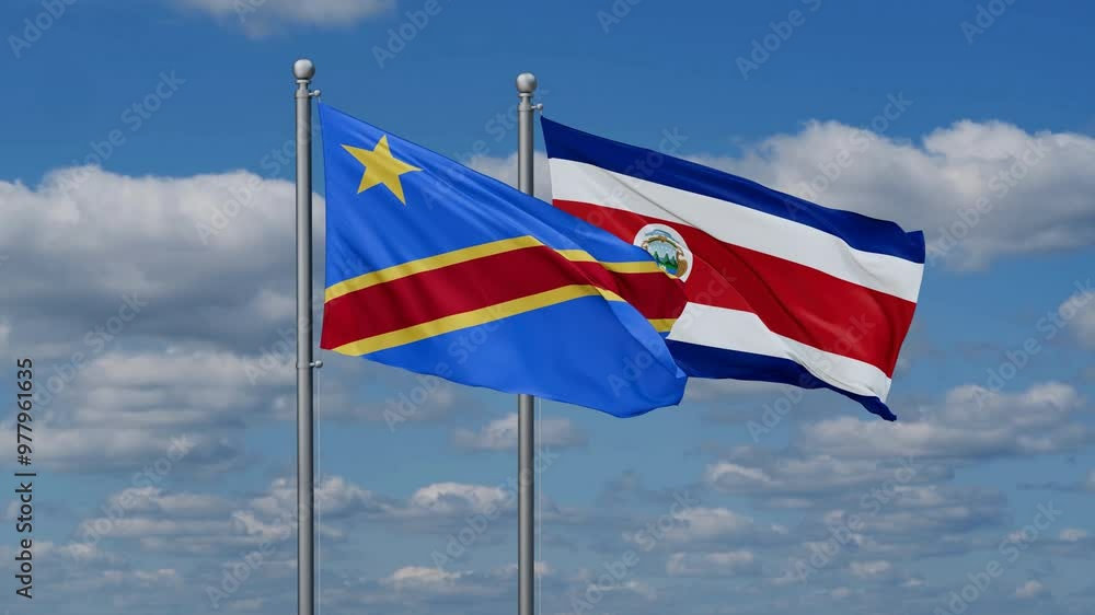 Costa Rico and Democratic Republic of the Congo flags flying together, video concept of the relationship, two country cooperation concept Costa Rico and Democratic Republic of the Congo flags flying together, video concept of the relationship, two country cooperation concept