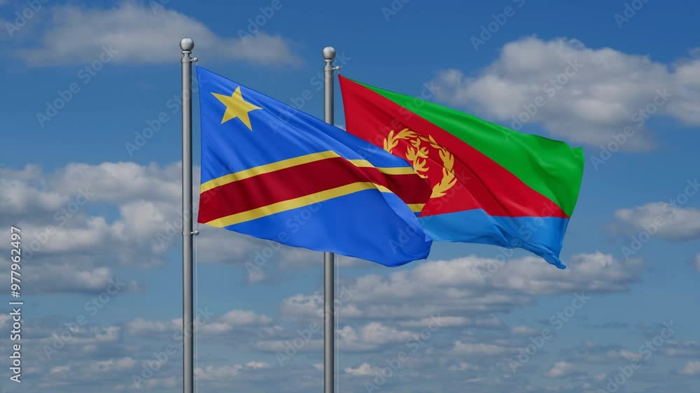 Eritrea and Democratic Republic of the Congo flags flying together, video concept of the relationship, two country cooperation concept Eritrea and Democratic Republic of the Congo flags flying together, video concept of the relationship, two country cooperation concept