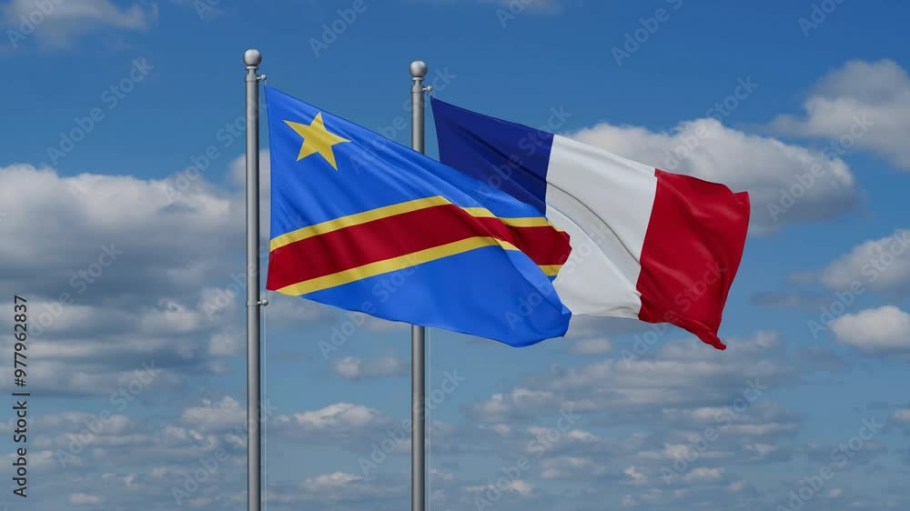 France and Democratic Republic of the Congo flags waving together, video concept of the relationship, two country relations concept France and Democratic Republic of the Congo flags waving together, video concept of the relationship, two country relations concept