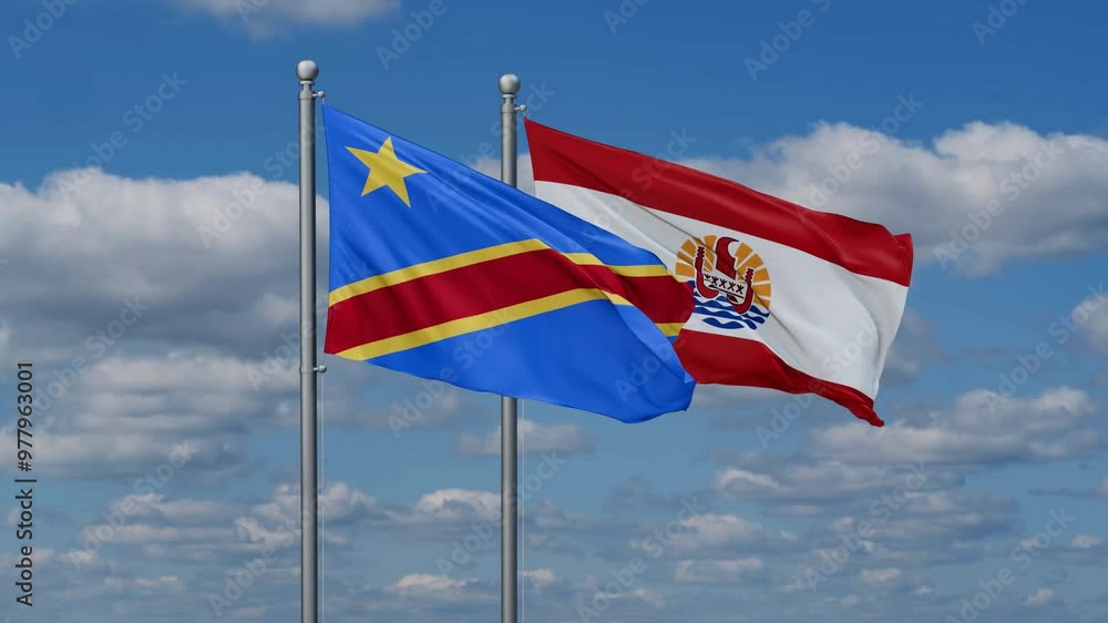 French Polynesia and Democratic Republic of the Congo flags flying together, video concept of the relationship, two country relations concept French Polynesia and Democratic Republic of the Congo flags flying together, video concept of the relationship, two country relations concept