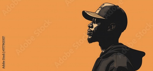 Vector illustration style. Silhouette of a young man wearing a cap and sunglasses. Urban style. Hip hop rap dj party flyer or background banner with copy space.